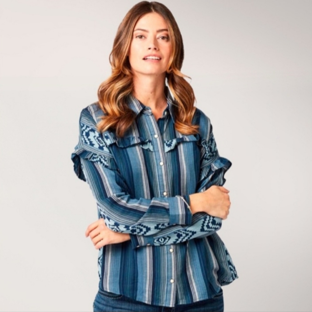 Wrangler Retro Blue Plaid Long Sleeve Shirt Size Large NEW NWT Western Cowgirl